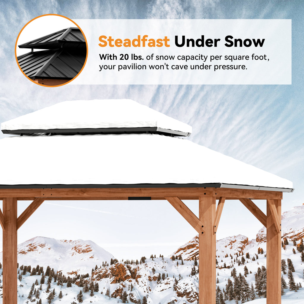 Modern Shade 10'x12' Gazebo Cedar Wood Frame Double Galvanized Steel Roof Hurricane-Proof for Patio Outdoor Brown