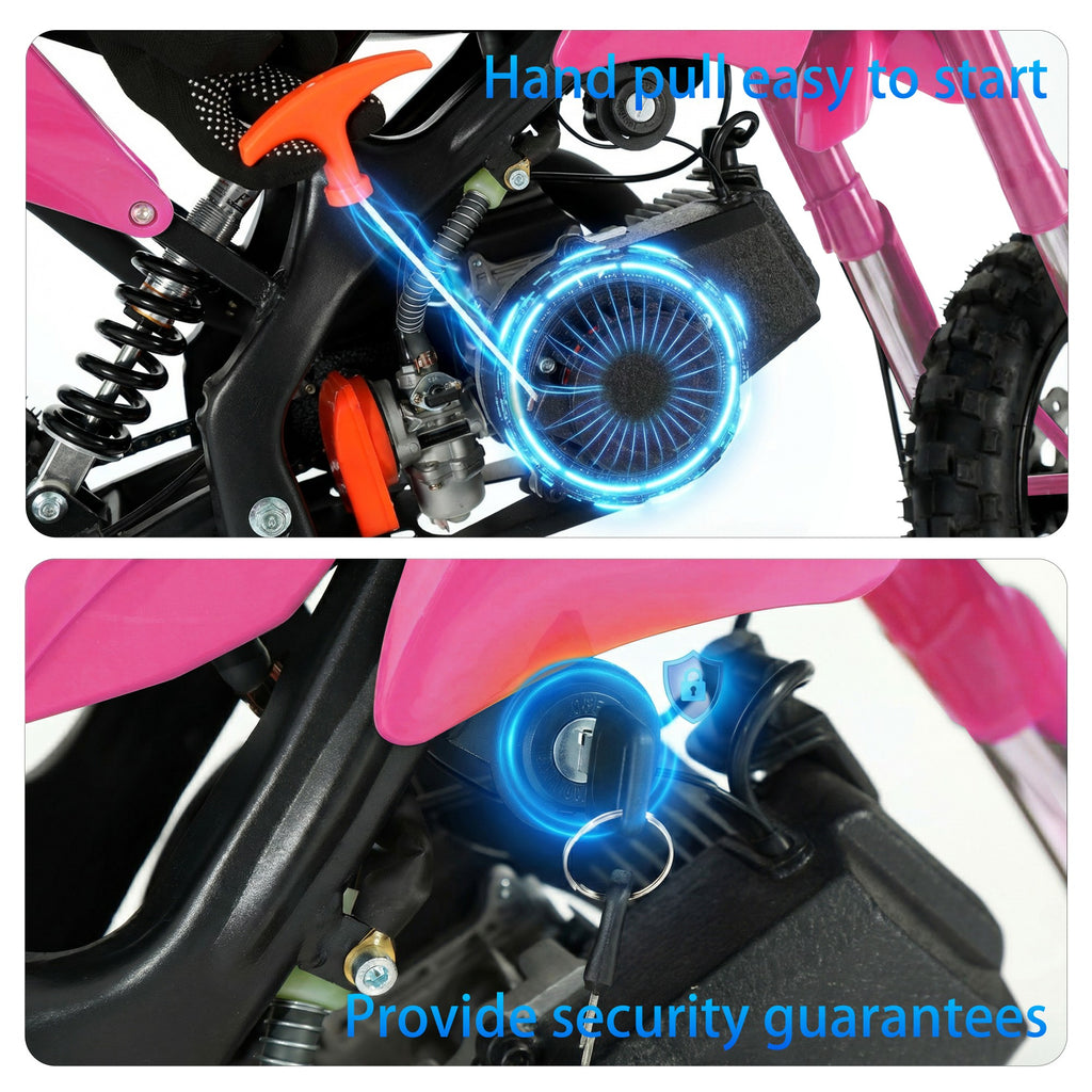 FONA 49cc 2-Stroke Dirt Bike for Kids 8-12, 25mph Mini Motorcycle with Dual Disc Brakes, Multi Terrain Tires, Suspension & Soft Seat Pink