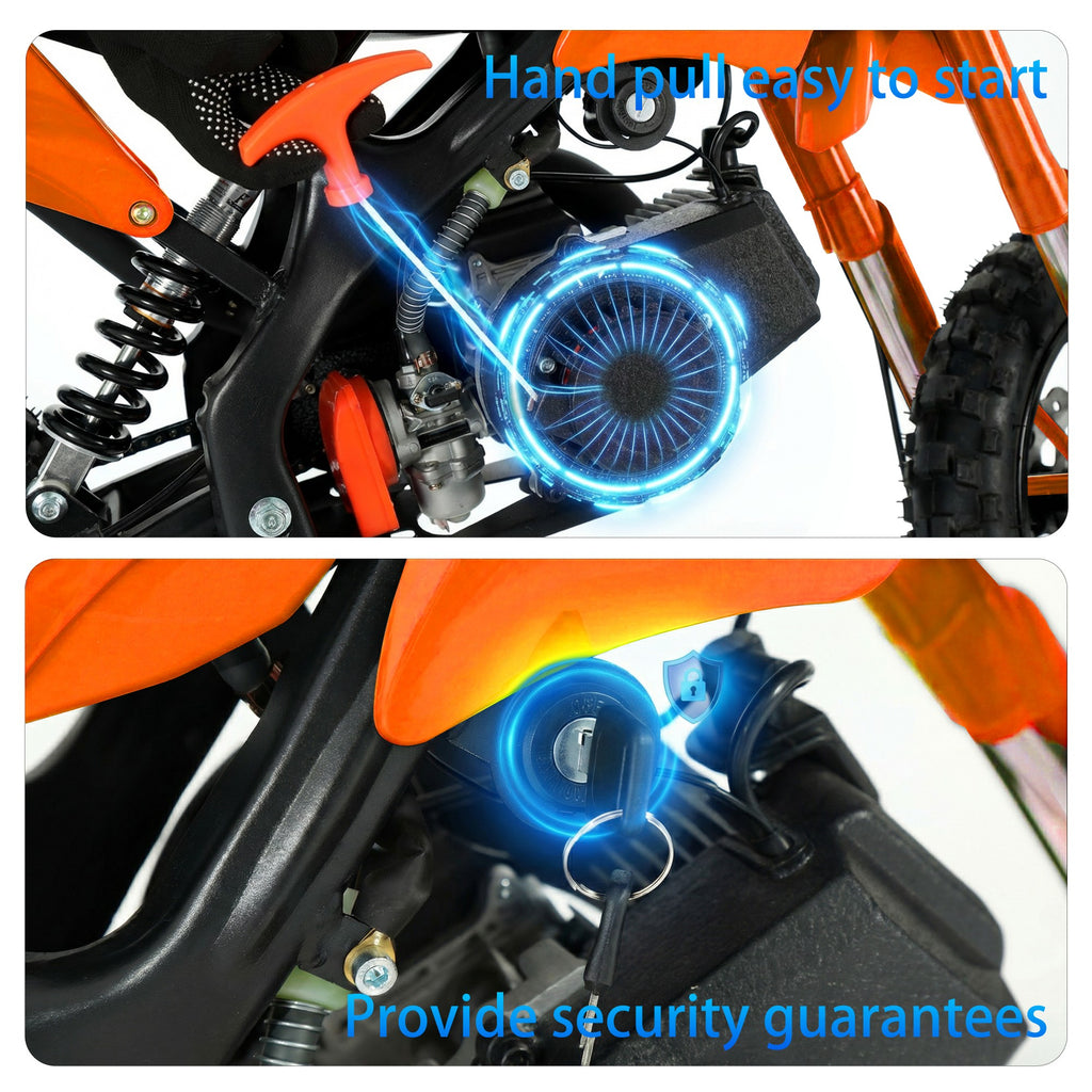 FONA 49cc 2-Stroke Dirt Bike for Kids 8-12, 25mph Mini Motorcycle with Dual Disc Brakes, Multi Terrain Tires, Suspension & Soft Seat Orange