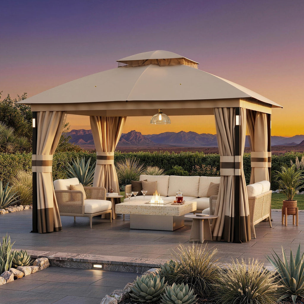Big Leaf 10'x12' Khaki Gazebo with LED Lights & Bluetooth Speaker, Metal Frame Double Roof, Netting & Curtains