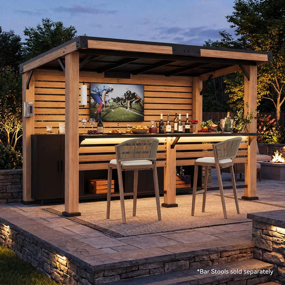 Modern Shade 6'x12' Cedar Outdoor Bar Gazebo with TV Mount, Storage Cabinet, Dual Bar Tops, Shelves, USB Ports for Patio Grilling