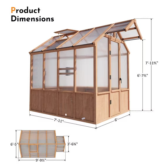 Modern Shade EverBloom 6.5'x8' Cedar Wooden Greenhouse, 8' Extra-Tall with Built-in Faucet Kit, Shelving, Power Strip and Ventilation System