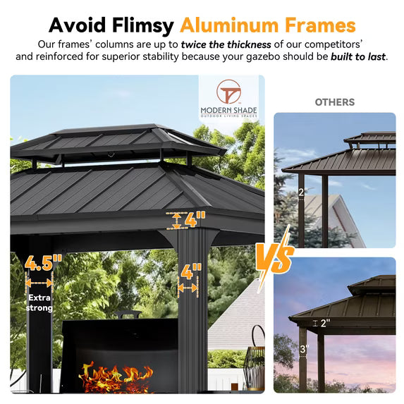 Modern Shade 6' x 8' Hard Top Aluminum Grill Gazebo with Shelves, Hooks, and Galvanized Steel Roof