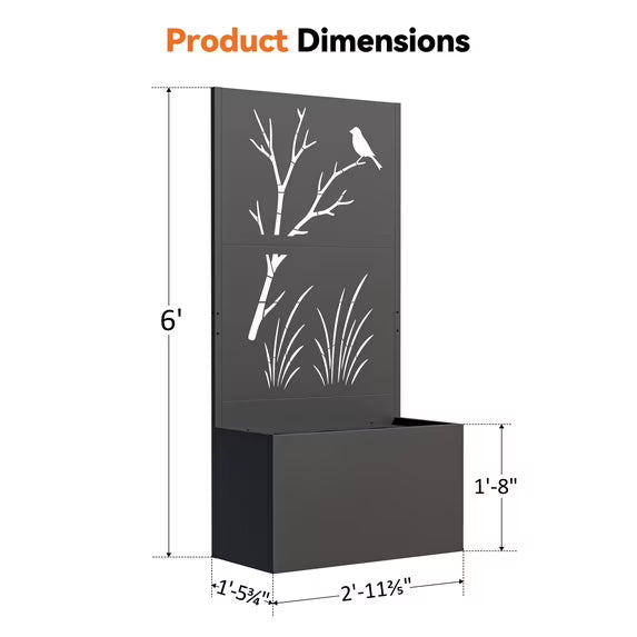 Modern Shade 6x3 FT Metal Planter Box with Trellis Privacy Screen, Raised Garden Bed with Drainage Holes for Climbing Plants, Perch Meadow