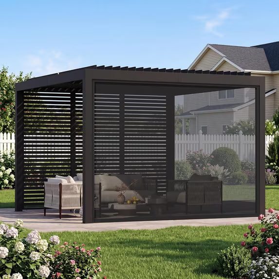 Modern Shade Aurora 10x10 Louvered Pergola Black Adjustable Waterproof Roof with Drainage Pull Down Screens USB Port Sturdy Frame for Patio