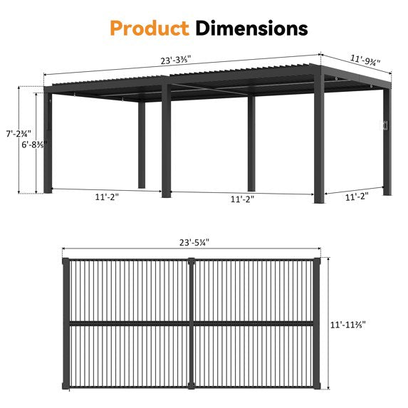 Modern Shade 12'x24' Black Louvered Pergola, Adjustable Waterproof Roof with Drainage, USB Power Strip, Reinforced Frame, Easy Assembly for Patio & Backyard