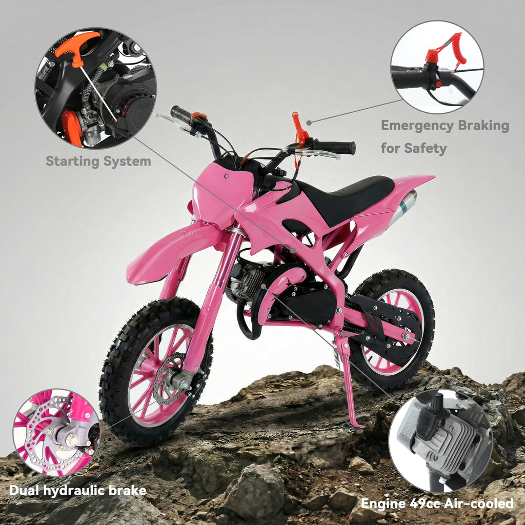 FONA 49cc 2-Stroke Dirt Bike for Kids 8-12, 25mph Mini Motorcycle with Dual Disc Brakes, Multi Terrain Tires, Suspension & Soft Seat Pink