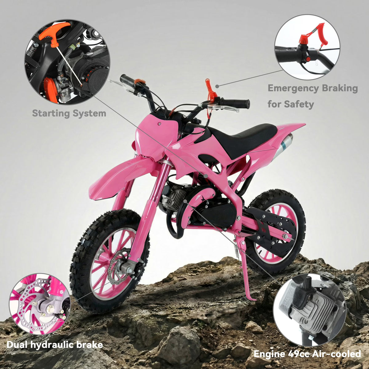 FONA 49cc 2-Stroke Dirt Bike for Kids 8-12, 25mph Mini Motorcycle with Dual Disc Brakes, Multi Terrain Tires, Suspension & Soft Seat Pink