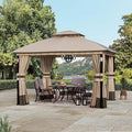 Covered Outdoor 10'x12' Khaki Gazebo with LED Lights & Bluetooth Speaker, Metal Frame Double Roof, Netting & Curtains