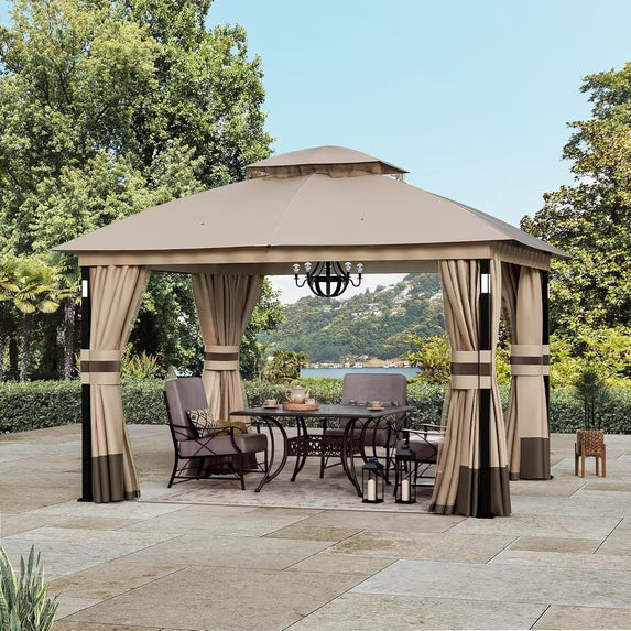 Covered Outdoor 10'x12' Khaki Gazebo with LED Lights & Bluetooth Speaker, Metal Frame Double Roof, Netting & Curtains
