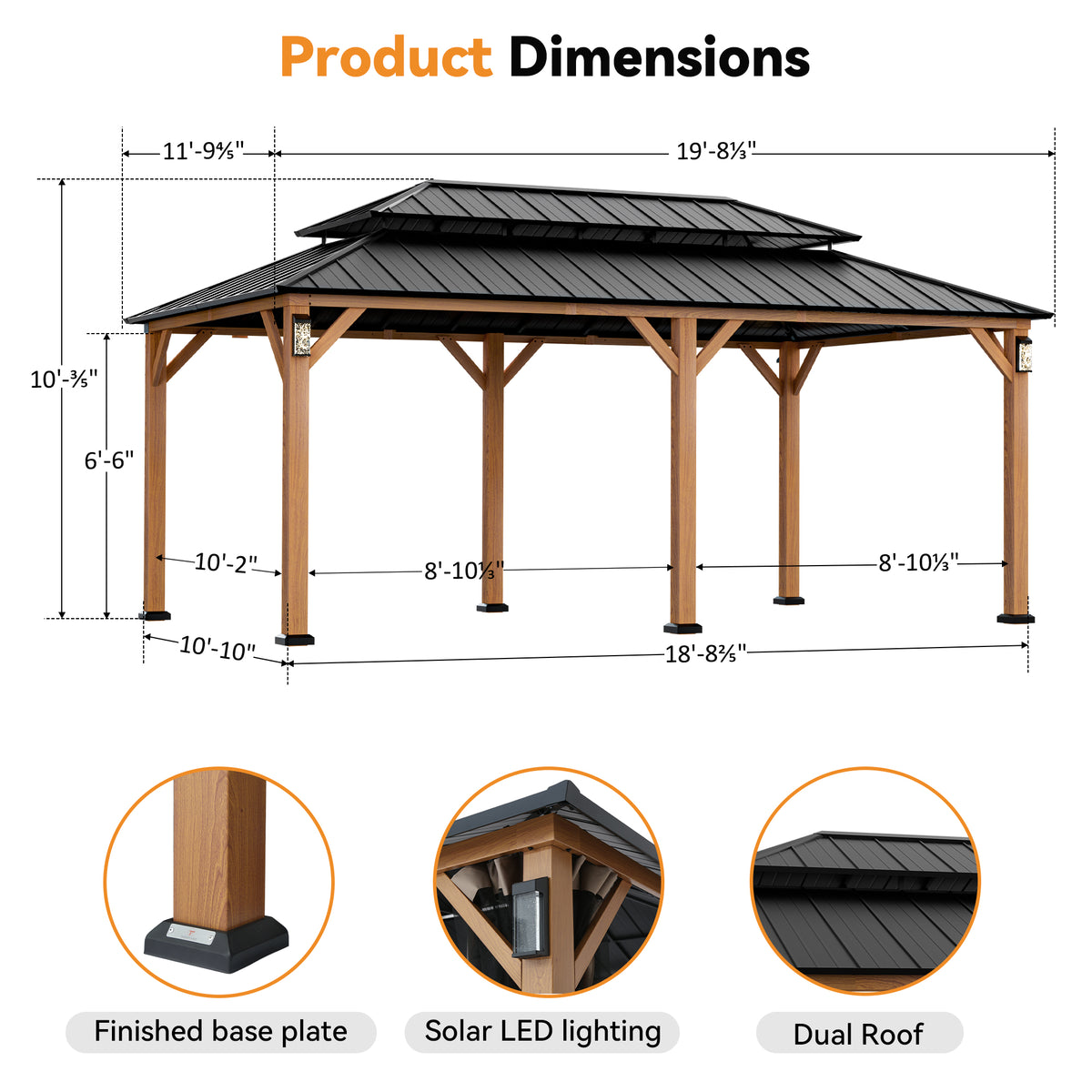 Modern Shade Hardtop Gazebo 12' x 20' with 4 LED Lights, Permanent Gazebo with Double Galvanized Steel Roof for Outdoor Backyard, Brown
