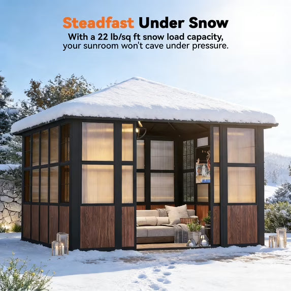 Modern Shade 12'x12' Solarium Sunroom Gazebo, TV Mount, Sliding Doors, Double Roof, Ventilated Wood Grain Aluminum Hardtop for Patio