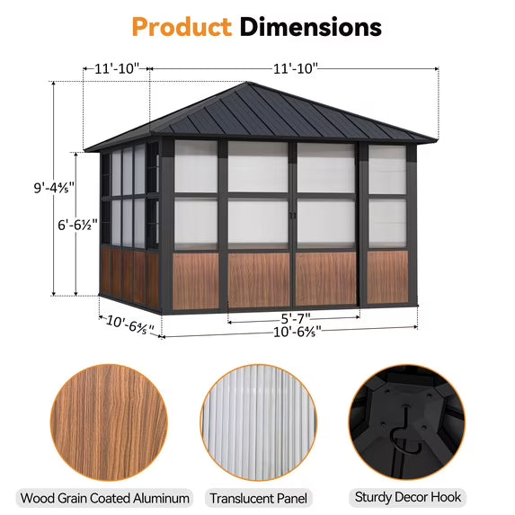 Modern Shade 12'x12' Solarium Sunroom Gazebo, TV Mount, Sliding Doors, Double Roof, Ventilated Wood Grain Aluminum Hardtop for Patio