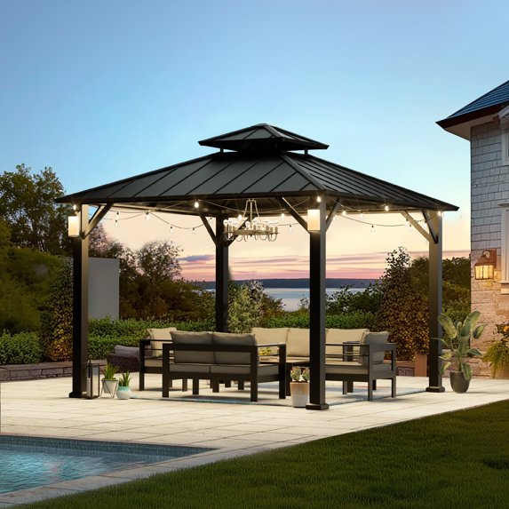 Modern Shade 10' x 10' Hardtop Metal Gazebo with Galvanized Steel Roof, LED Lights for Backyard, Deck, Garden
