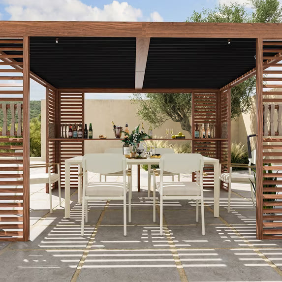 Modern Shade 12'x12' Louvered Pergola, Adjustable Waterproof Roof, Built-In Drainage & Wood-Grain Frame, Includes Bar Counter & Stools