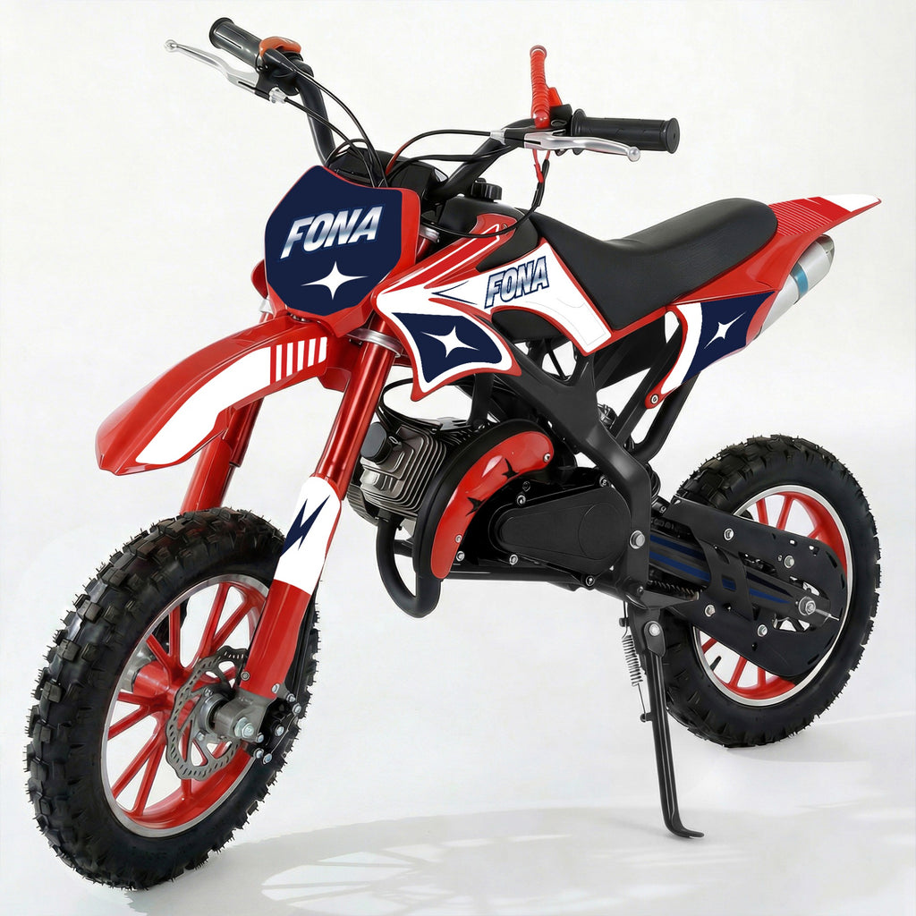 FONA 49cc 2-Stroke Dirt Bike for Kids 8-12, 25mph Mini Motorcycle with Dual Disc Brakes, Multi Terrain Tires, Suspension & Soft Seat Red