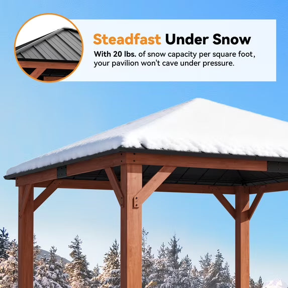 Modern Shade Tranquil Grove 12' x 12' Wood Gazebo - Polycarbonate Hip Roof Hardtop Pavilion with Hooks