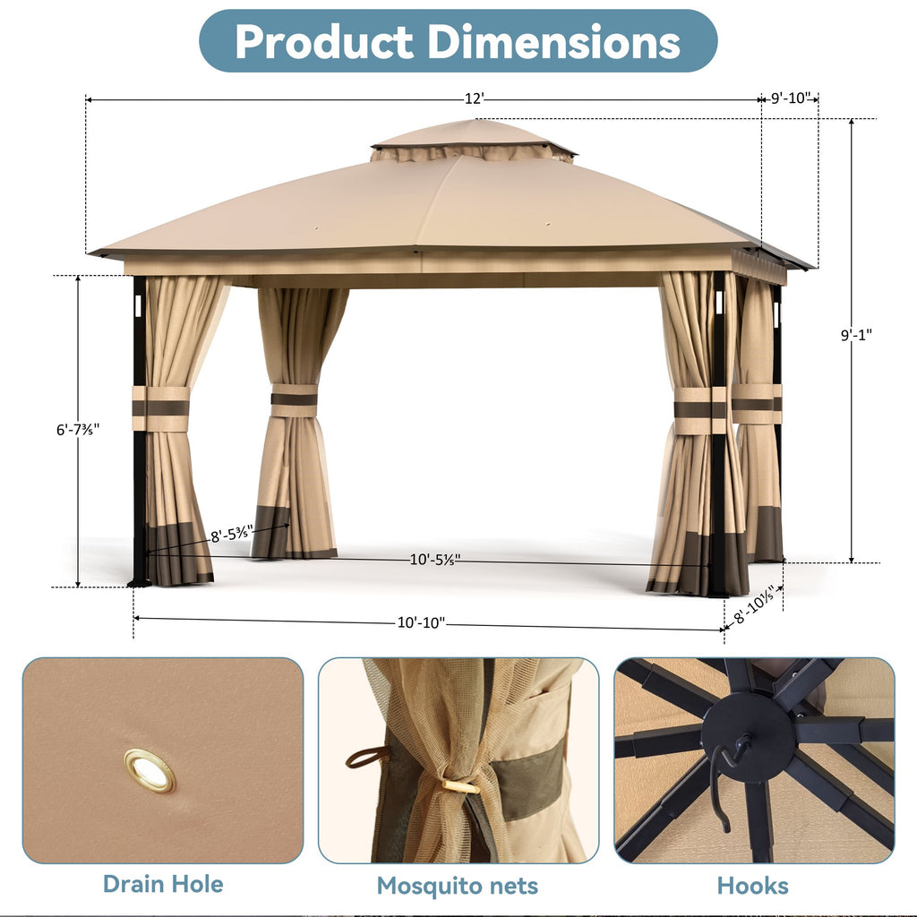 Big Leaf 10'x12' Khaki Gazebo with LED Lights & Bluetooth Speaker, Metal Frame Double Roof, Netting & Curtains