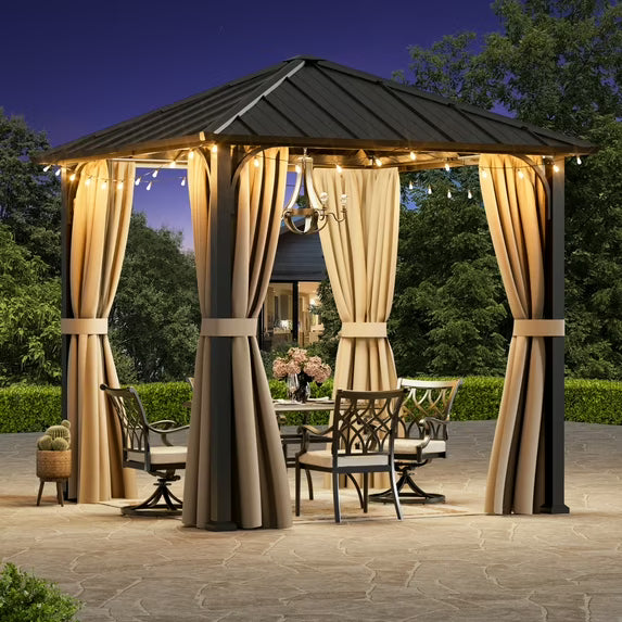 Modern Shade 8'x8' Hardtop Gazebo, Galvanized Steel Roof, Detachable Curtains, All-Weather Outdoor Patio Cover for Backyard Deck Garden