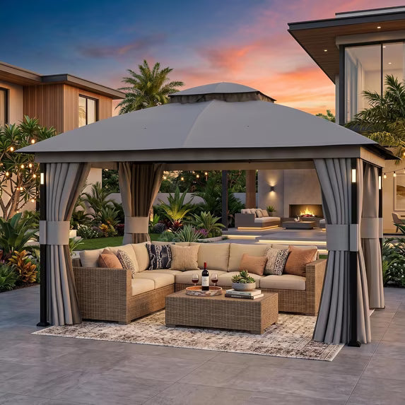 Covered Outdoor 11' x 13' Patio Gazebo, LED Lights & Bluetooth Speaker, Heavy Duty Metal Frame Double Roof Soft Top Canopy with Netting & Curtains, Gray Outdoor Shelter for Backyard Garden