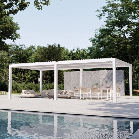 Modern Shade 12'x24' White Louvered Pergola, Adjustable Waterproof Roof with Drainage, USB Power Strip, Reinforced Frame, Easy Assembly