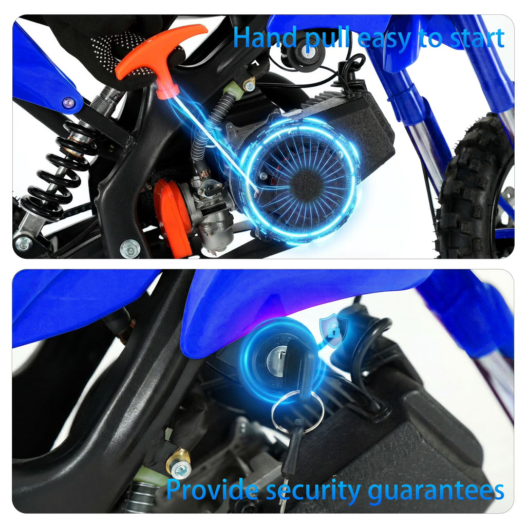 FONA 49cc Kids Dirt Bike 2-Stroke, 25MPH Mini Motorcycle for Ages 8–12, Dual Disc Brakes, Stable Suspension, Off-Road Tires, Soft Seat Blue