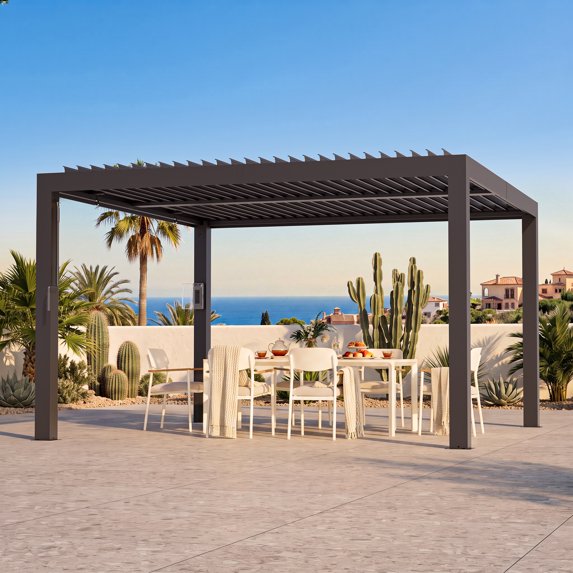 Modern Shade 12'x12' Black Louvered Pergola, Adjustable Waterproof Roof with USB Charging & Drainage, Heavy Duty Frame for Patio Backyard