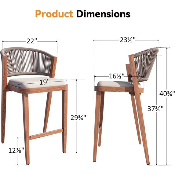Modern Shade Set of 2 Outdoor Bar Stools Rope Woven Backrest Powder-Coated Aluminum Frame Cushioned Seat for Patio Kitchen