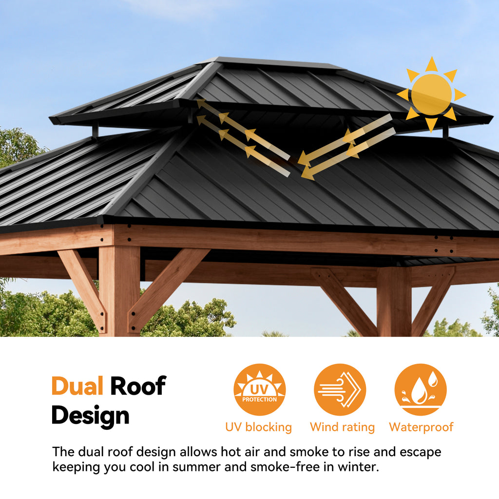 Modern Shade 10'x12' Gazebo Cedar Wood Frame Double Galvanized Steel Roof Hurricane-Proof for Patio Outdoor Brown