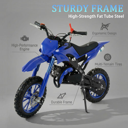 FONA 49cc 2-Stroke Dirt Bike for Kids 8-12, 25mph Mini Motorcycle with Dual Disc Brakes, Multi Terrain Tires, Suspension & Soft Seat Blue