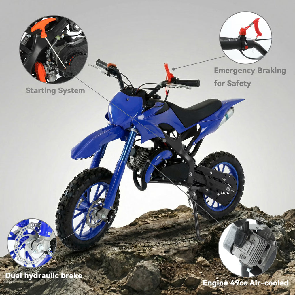 FONA 49cc Kids Dirt Bike 2-Stroke, 25MPH Mini Motorcycle for Ages 8–12, Dual Disc Brakes, Stable Suspension, Off-Road Tires, Soft Seat Blue