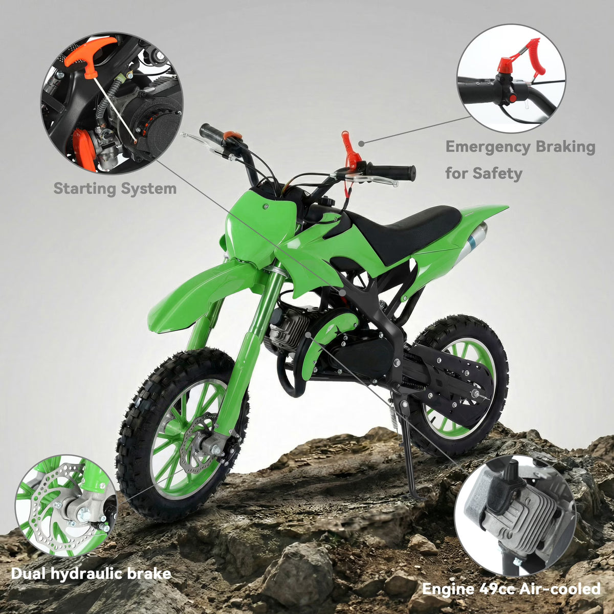 FONA 49cc 2-Stroke Dirt Bike for Kids 8-12, 25mph Mini Motorcycle with Dual Disc Brakes, Multi Terrain Tires, Suspension & Soft Seat Green