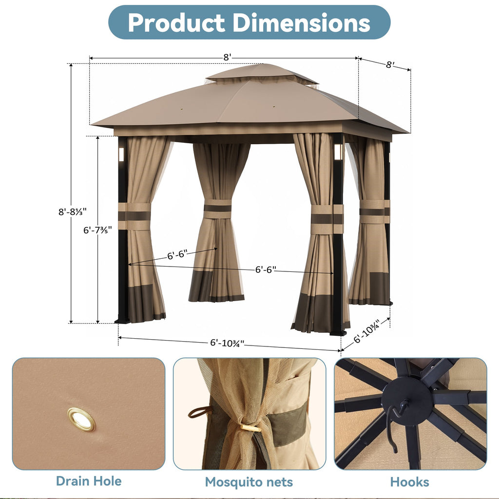 Big Leaf 8x8ft Soft Top Patio Gazebo Metal Frame with Netting Curtains Khaki