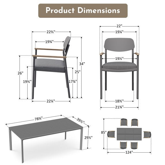 Modern Shade Gray 7 Piece Luxury Outdoor Dining Set Aluminum Patio Table Chairs FSC Teak Armrests Fade Resistant Outdoor Cushions Elegant Backyard Furniture
