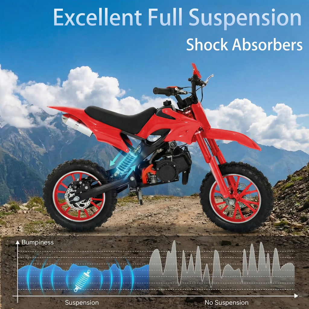 FONA 49cc Kids Dirt Bike 2-Stroke, 25MPH Mini Motorcycle for Ages 8–12, Dual Disc Brakes, Stable Suspension, Off-Road Tires, Soft Seat Red