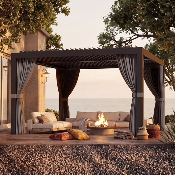 Modern Shade 12'x12' Black Louvered Pergola, Adjustable Waterproof Roof with Drainage, USB Strip, Curtains & Net, Reinforced Frame, Easy Assembly for Patio Backyard