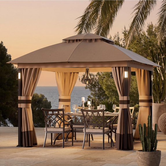 Covered Outdoor 10x10 Khaki Gazebo Double Roof Heavy Duty Metal Frame with LED Lights Bluetooth Speaker Netting and Curtains