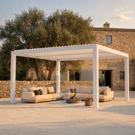 Modern Shade 12'x14' White Louvered Pergola, Adjustable Waterproof Roof with Drainage, USB Power Strip, Reinforced Frame, Easy Assembly for Patio Backyard