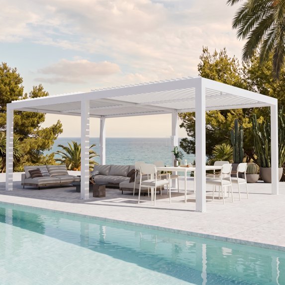 Modern Shade 10'x20' Louvered Pergola, White Adjustable Waterproof Roof Pergola with USB Charging Power Strip & Integrated Drainage, Reinforced Frame for Patio Backyard