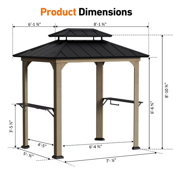Modern Shade 6' x 8' Aluminum Grill Gazebo, Galvanized Steel Hardtop with Shelves, Ceiling Hook & Extra-Wide Columns, Wood Grain
