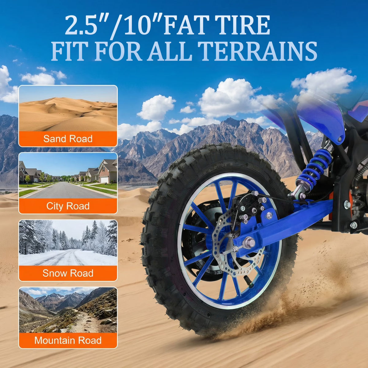 FONA 49cc Kids Dirt Bike 2-Stroke, 25MPH Mini Motorcycle for Ages 8–12, Dual Disc Brakes, Stable Suspension, Off-Road Tires, Soft Seat Blue
