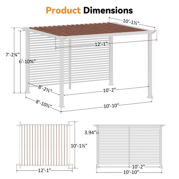 Modern Shade Open Sky 10'x12' Pergola Cabana with White Privacy Curtains & Back Wall, Heavy Duty Metal Gazebo for Patio, Backyard & Poolside