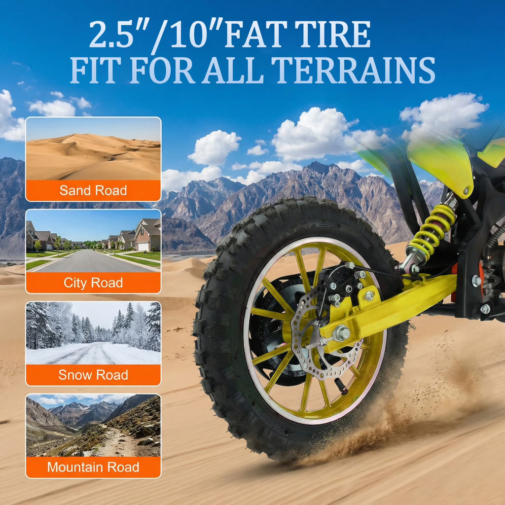 FONA 49cc Kids Dirt Bike 2-Stroke, 25MPH Mini Motorcycle for Ages 8–12, Dual Disc Brakes, Stable Suspension, Off-Road Tires, Soft Seat Yellow