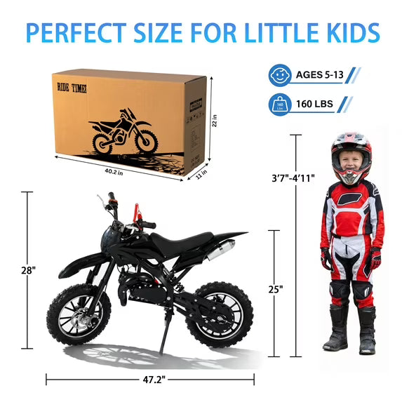 FONA 49cc 2-Stroke Dirt Bike for Kids 8-12, 25mph Mini Motorcycle with Dual Disc Brakes, Multi terrain tires Tires, Suspension & Soft Seat Black