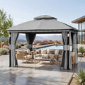 Big Leaf 10'x12' Gray Gazebo with LED Lights & Bluetooth Speaker, Metal Frame Double Roof, Netting & Curtains