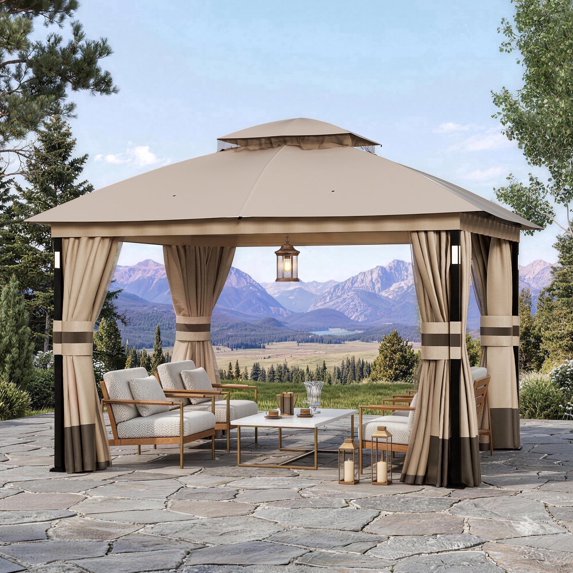 Big Leaf 10'x12' Khaki Gazebo with LED Lights & Bluetooth Speaker, Metal Frame Double Roof, Netting & Curtains