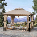 Big Leaf 10'x12' Khaki Gazebo with LED Lights & Bluetooth Speaker, Metal Frame Double Roof, Netting & Curtains