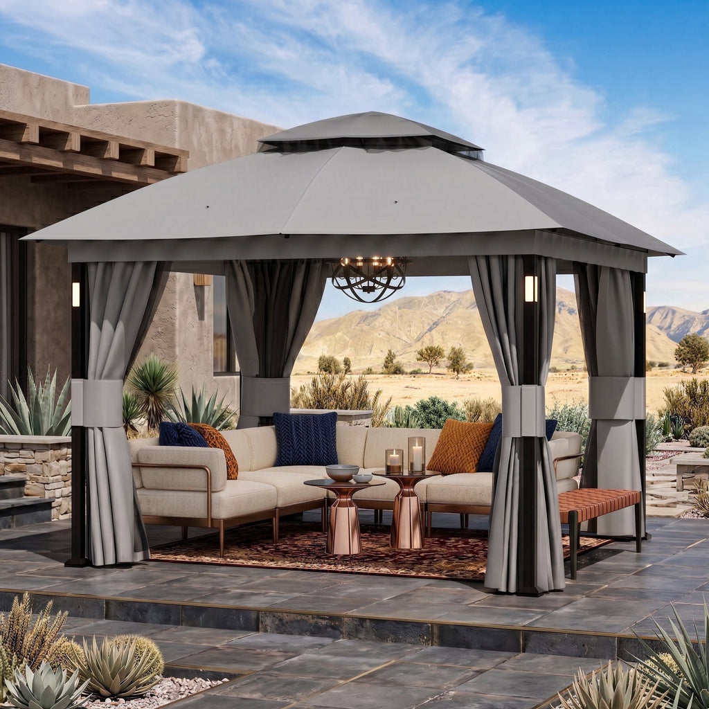 Big Leaf 10x10 Gray Gazebo Double Roof Heavy Duty Metal Frame with LED Lights Bluetooth Speaker Netting and Curtains