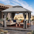 Big Leaf 10x10 Gray Gazebo Double Roof Heavy Duty Metal Frame with LED Lights Bluetooth Speaker Netting and Curtains