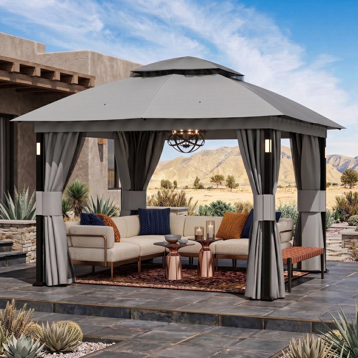 Big Leaf 10x10 Gray Gazebo Double Roof Heavy Duty Metal Frame with LED Lights Bluetooth Speaker Netting and Curtains